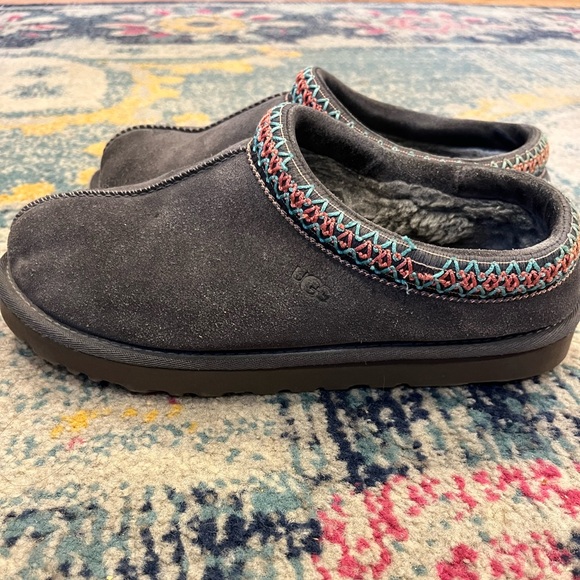 UGG Shoes - UGG Suede Slip-On Clog Gray with Multicolor Trim EUC